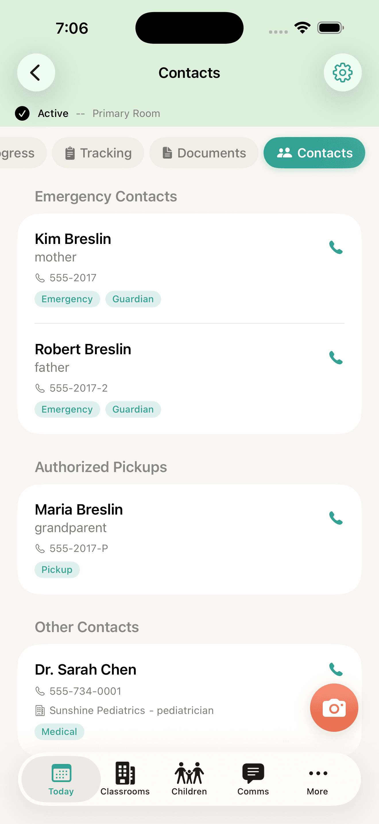 Keep emergency contacts and authorized pickups together.