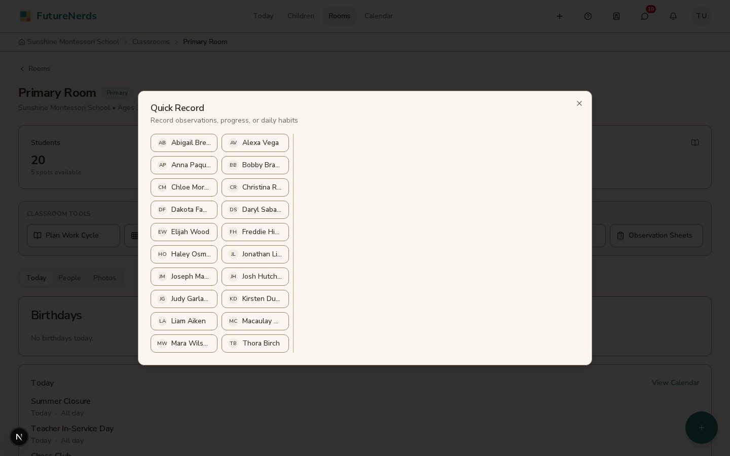 Quick Record dialog with child selector and recording sections