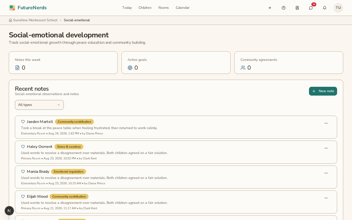 Social-emotional page with notes, goals, and agreements