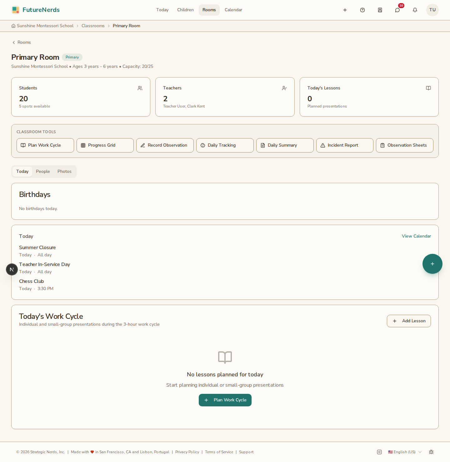 Classroom Today tab with planned lessons